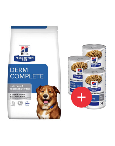 HILL'S Prescription Diet Canine Derm Complete 12 kg krmivo na posilnenie pokožky psov + 3 konzervy ZADARMO