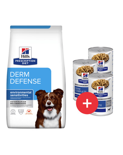 HILL'S Prescription Diet Canine Derm Defense 12 kg pre psov s alergiou + 3 konzervy ZADARMO