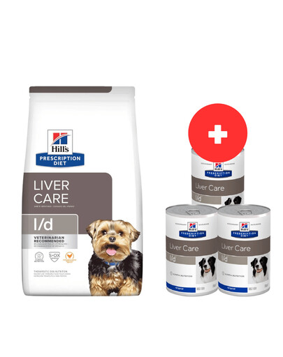 HILL'S Prescription Diet Canine l/d Liver Care 10 kg pre psov s problémami s pečeňou + 3 x 370 g krmiva pre psov ZADARMO