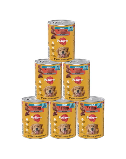 PEDIGREE Adult konzerva 6x400 g krmivo pre dospelých psov s 3 druhmi: hovädzím, jahňacím a kuracím mäsom, v pene