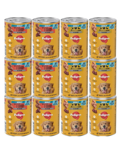 PEDIGREE Adult Mix príchutí 400 g pre psov s 3 druhmi: hovädzinou, jahňacím a kuracím mäsom a 3 druhmi hydiny, v pene