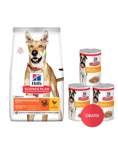 HILL'S Canine Adult 1+ Performance 14 kg kuracieho mäsa pre aktívnych psov + 3 konzervy mokrého krmiva HILL's ZADARMO
