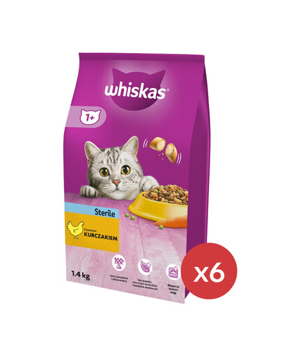 WHISKAS Sterilné suché krmivo 6 x 1,4 kg s kuracím mäsom pre sterilizované mačky