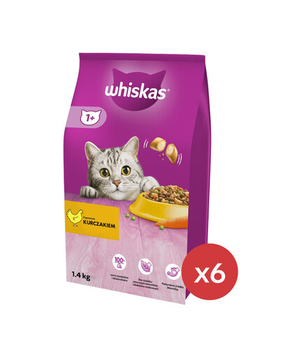 WHISKAS Adult 6 x 1,4 kg kompletné suché krmivo pre dospelé mačky s lahodným kuracím mäsom