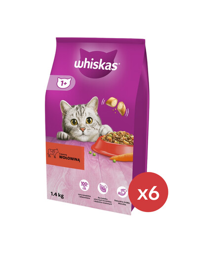 WHISKAS Adult 6 x 1,4 kg kompletné suché krmivo pre dospelé mačky s lahodným hovädzím mäsom