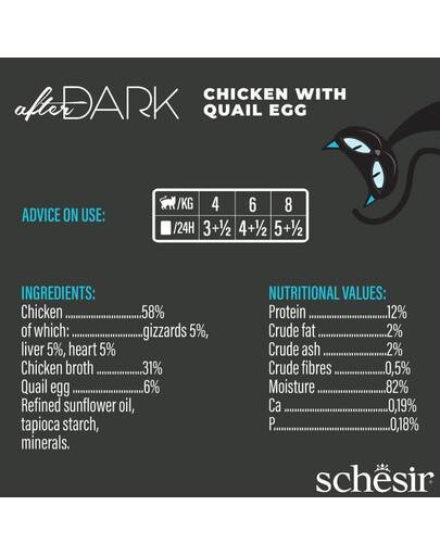 SCHESIR After Dark Kuracie vo vývare s prepeličími vajcami 80 g mokré krmivo pre mačky
