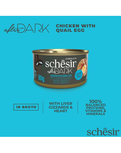 SCHESIR After Dark Kuracie vo vývare s prepeličími vajcami 80 g mokré krmivo pre mačky