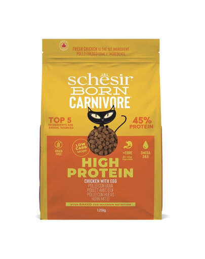 SCHESIR Born Carnivore Suché krmivo pre dospelé mačky s kuracím mäsom a vajcom 1,25 kg