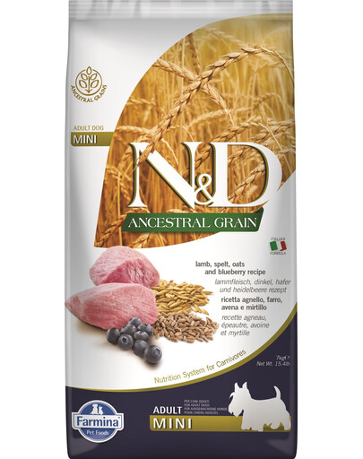 FARMINA N&D Ancestral Grain jahňacie a čučoriedkové krmivo pre dospelých psov malých plemien 7 kg + FARMINA N&D Quinoa Dental Treat Flatulence Mini 60 g (7 ks) ZADARMO!