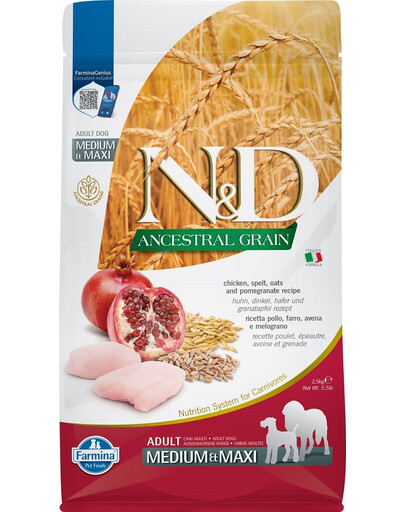 FARMINA N&D Ancestral Grain pre dospelých psov stredne veľké a veľké krmivo s kuracím mäsom a granátovým jablkom 2,5 kg + FARMINA N&D Tropical Selection Dental Treat kurací stredne veľké/maxi krmivo 100 g (7 ks) ZADARMO!