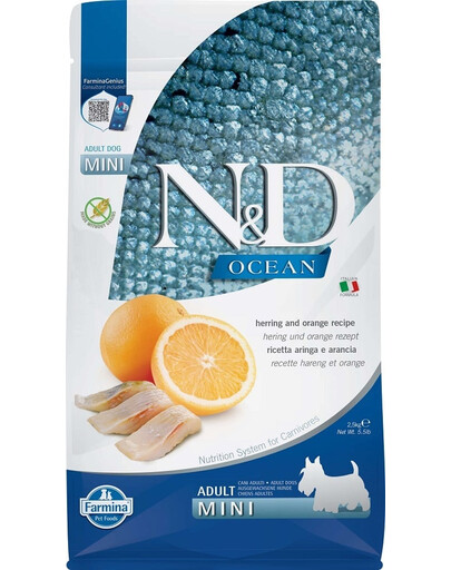 FARMINA N&D Ocean Dog Adult Mini sleď a pomaranč 2,5 kg pre psy malých plemien + FARMINA N&D Quinoa Dental Pack Digestion Mini 60 g (7 ks) ZADARMO!