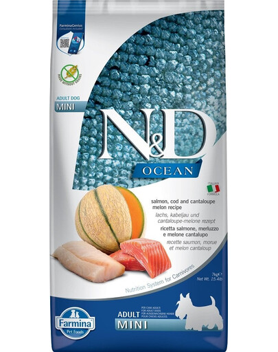 FARMINA N&D Ocean Dog Adult Mini losos, treska a melón kantalup 7 kg losos, treska, melón + FARMINA N&D Tropical Selection Dental Treat Chicken Mini 60 g (7 ks) ZADARMO!