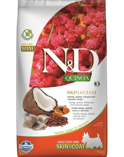 FARMINA N&D Quinoa Dog Skin&Coat Adult Mini sleď, kokos 2,5 kg sleď a kokos + FARMINA N&D Quinoa Dental Treat Skin Coat Herring Mini 60 g (7 ks) ZADARMO!