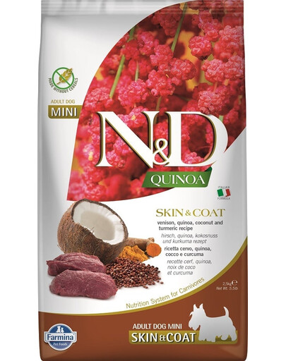 FARMINA N&D Quinoa Dog Skin & Coat Adult Mini venison, kokos 2,5 kg + FARMINA N&D Quinoa Dental Treat Skin Coat Venison Mini 60 g ZADARMO!