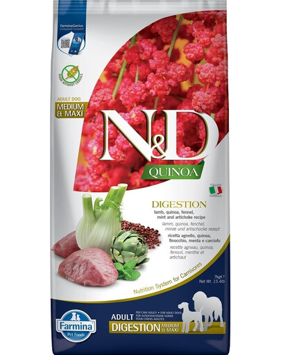 FARMINA N&D Quinoa Dog Adult Medium Maxi Digestion Lamb & Fenikel 7 kg + FARMINA N&D Quinoa Dental Pack Digestion Medium/Maxi ZADARMO!