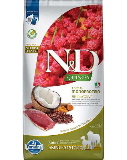 FARMINA N&D Quinoa Dog Skin & Coat Duck Coconut Adult Medium Maxi 7kg + FARMINA N&D Quinoa Dental Treat Skin Coat Herring Medium/Maxi 100g (7 ks) ZADARMO!