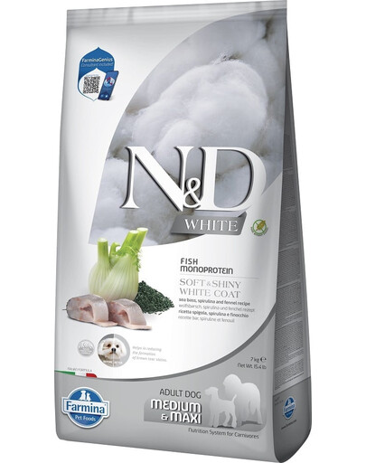 FARMINA N&D White Dog Adult Medium Maxi Seabay, Spirulina, Fenikel 7 kg + FARMINA N&D White Dental Treat Coat Seabay Mini 60 g (7 ks) ZADARMO!