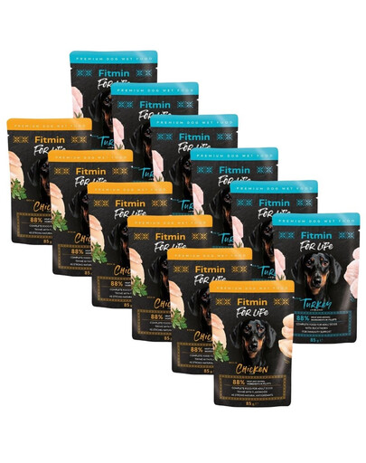 FITMIN For Life Dog Adult Mix príchutí 12x85 g kurča s bylinkami a moriak s rakytníkom v omáčke