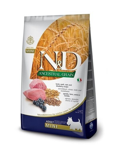 FARMINA N&D Ancestral Grain Lamb & Blueberry Adult Mini dog 2,5 kg krmivo pre psy malých plemien + FARMINA N&D Quinoa Dental Treat Fresh breath Mini 60 g (7 ks) ZADARMO!