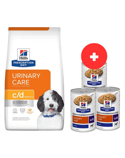 HILL'S Prescription Diet Canine c/d Multicare Chicken 12 kg pre psov s problémami močových ciest + 3 x 370 g krmiva pre psov ZADARMO