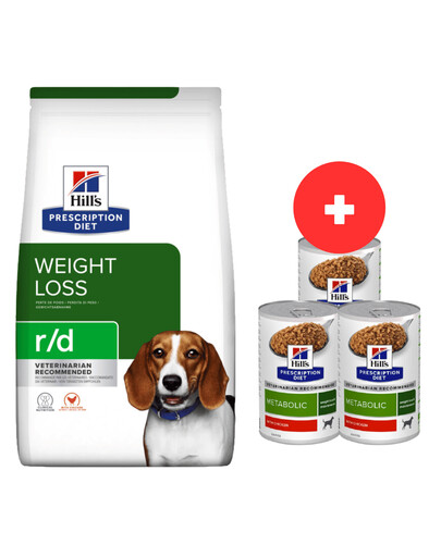 HILL'S Prescription Diet r/d Weight Reduction with Chicken Adult 10 kg pre psy s nadváhou + 3 x 370 g krmiva pre psov ZADARMO
