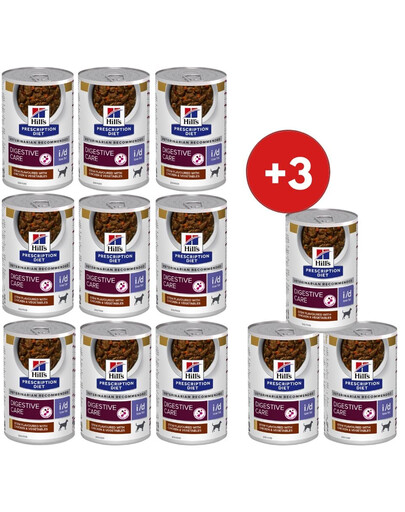 HILL'S Prescription Diet Canine i/d Low Fat Digestive Care Dusené mäso s kuracím mäsom a zeleninou 9x354 g + 3 konzervy ZADARMO!