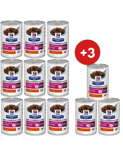 HILL'S Prescription Diet Gastrointestinal Biome 9x370g mokré krmivo pre psov s kuracím mäsom + 3 konzervy ZADARMO!