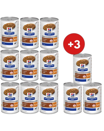 HILL'S Prescription Diet Canine k/d Kidney Care 9x350g mokré krmivo pre psov podporujúce funkciu obličiek + 3 konzervy ZADARMO!