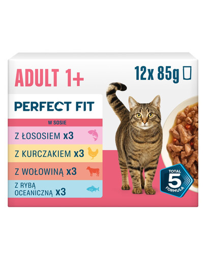 PERFECT FIT Adult 1+ Mix Príchutí 12 x 85g krmivo pre dospelé mačky