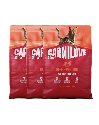 CARNILOVE Active Cat Beef and Venison Sterilised 3x2 kg hovädzie mäso a divina, pre sterilizované mačky