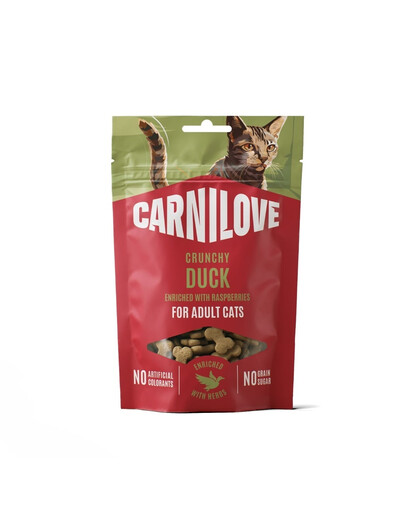 CARNILOVE Crunchy Snack Cat Duck 50 g s kačicou a malinami, chrumkavá maškrta pre mačky