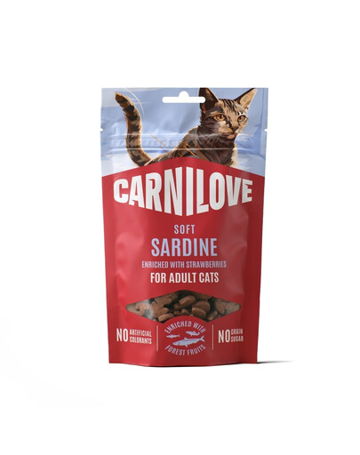 CARNILOVE Soft Snack Cat Sardine 50 g so sardinkami a jahodami, mäkké maškrty pre mačky