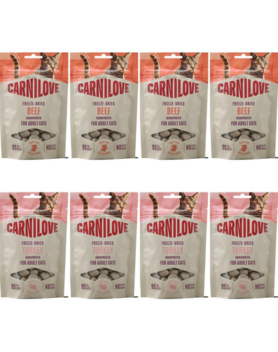 CARNILOVE Freeze-Dried Snack Cat Mix Turkey and Beef 8x40 g liofilizované maškrty pre mačky, mix príchutí morčacie a hovädzie