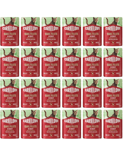 CARNILOVE Cat Pouch Gravy Quail Sterilised 24x85 g filety z prepeličkou s púpavovým listom, krmivo v omáčke pre mačky po sterilizácii