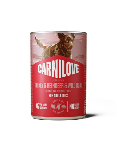 CARNILOVE Dog Can Turkey and Reindeer and Wildboar 400g paštéta s morčacím mäsom, sobom a diviakom pre dospelých psov