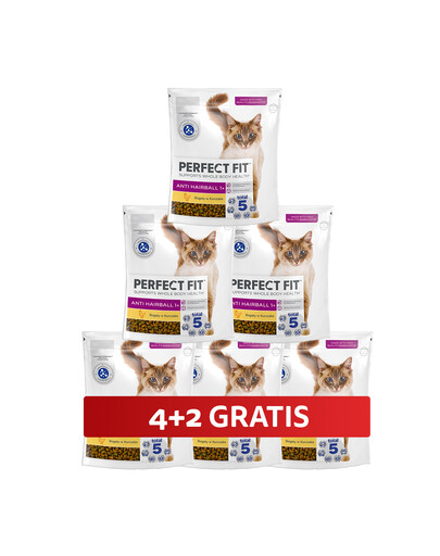 PERFECT FIT Antihairball 1+ 6 x 750 g kompletné krmivo pre dospelé mačky bohaté na kuracie mäso 4+2 ZADARMO