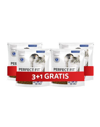PERFECT FIT Indoor 1+ 4 x 750 g kompletné krmivo pre dospelé mačky bohaté na kuracie mäso 3+1 ZADARMO