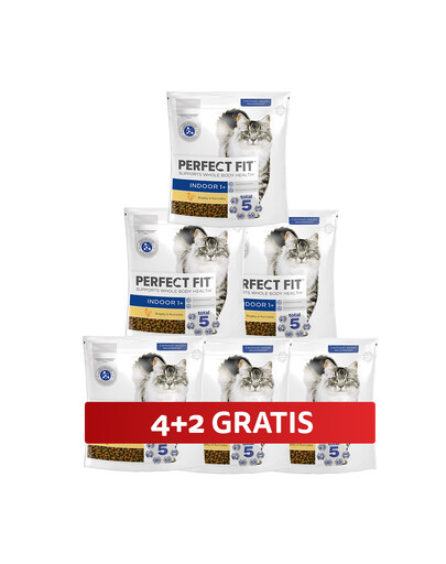 PERFECT FIT Indoor 1+ 6 x 750 g kompletné krmivo pre dospelé mačky bohaté na kuracie mäso 4+2 ZADARMO