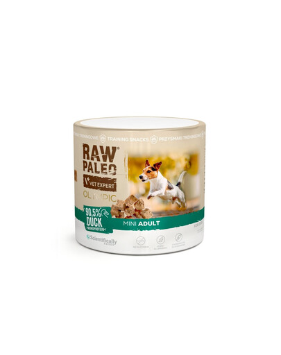 RAW PALEO Olympic Duck Mini 90g kačka, hypoalergénna monoproteínová maškrta na tréning pre psov