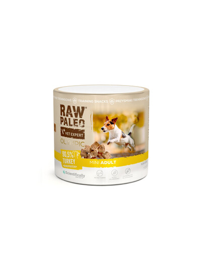RAW PALEO Olympic Turkey Mini 90g morčacie, hypoalergénny monoproteínový tréningový pamlsek pre psov