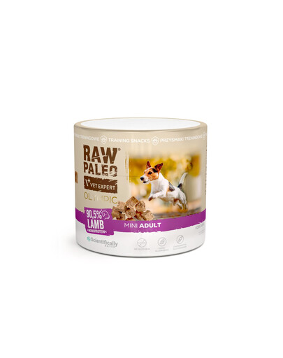 RAW PALEO Olympic Lamb Mini 90g jahňacina, hypoalergénna monoproteínová tréningová maškrta pre psov