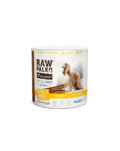 RAW PALEO Vital Pro Skin Coat Turkey Medium Large 100g monoproteinový funkčný pamlsek na pokožku a srst pro psy
