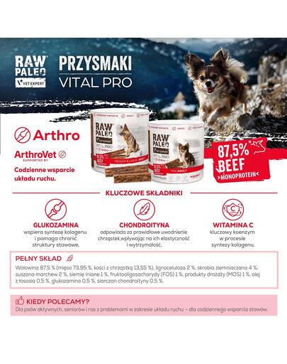 RAW PALEO Vital Pro Arthro Beef Medium Large 100g funkcjonalny przysmak na stawy dla psów ras średnich i dużych