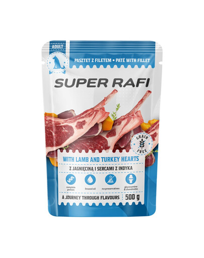 SUPER RAFI s jahňacím mäsom a srdcami z moriaka 500 g krmivo pre psov