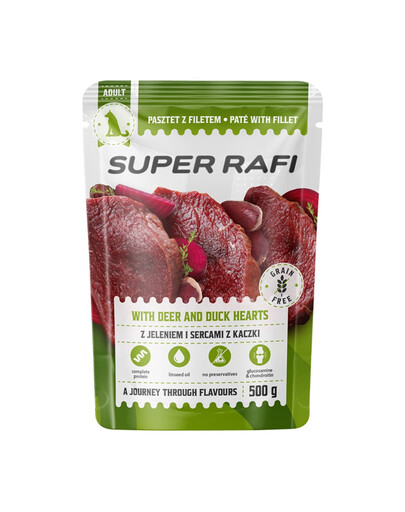 SUPER RAFI s jeleňom a srdcami z kačice 500 g krmivo pre psov
