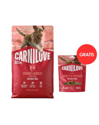 CARNILOVE Active Dog Venision and Reindeer Adult 4 kg zverina, soby a diviaky pre psov + CARNILOVE Dog Jerky Turkey with Venision 100g GRATIS