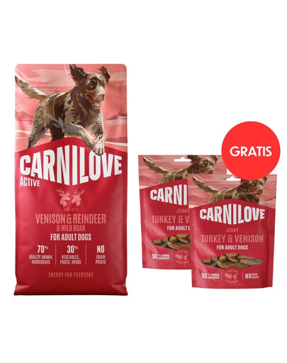 CARNILOVE Active Dog Venision and Reindeer Adult 12 kg zverina, soby a diviaky pre psov + CARNILOVE Dog Jerky Turkey with Venision 2x100g GRATIS