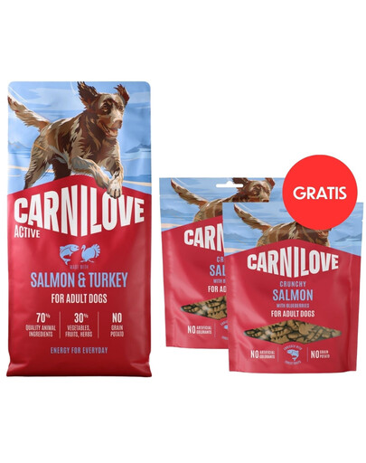 CARNILOVE Active Dog Salmon and Turkey Adult 12 kg losos a morka pre psov + CARNILOVE Dog Crunchy Snack Salmon 2x200g GRATIS