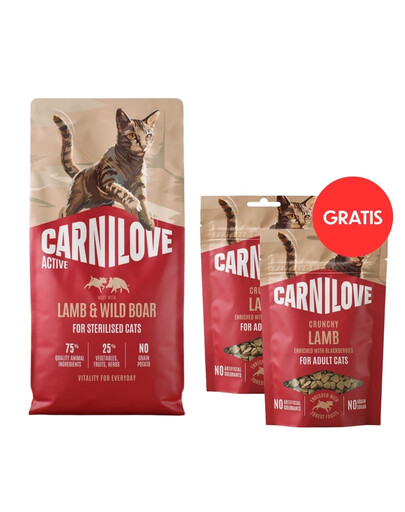 CARNILOVE Active Cat Lamb and Wild Boar Sterilised 6 kg pre sterilizované mačky  + CARNILOVE Crunchy Snack Cat Lamb 2x50 g ZADARMO