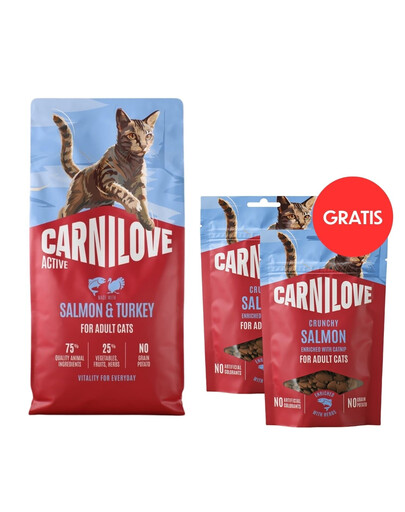 CARNILOVE Active Cat Salmon and Turkey Adult 6 kg losos a morka pre všetky mačky + CARNILOVE Crunchy Snack Cat Salmon 2x50 g ZADARMO